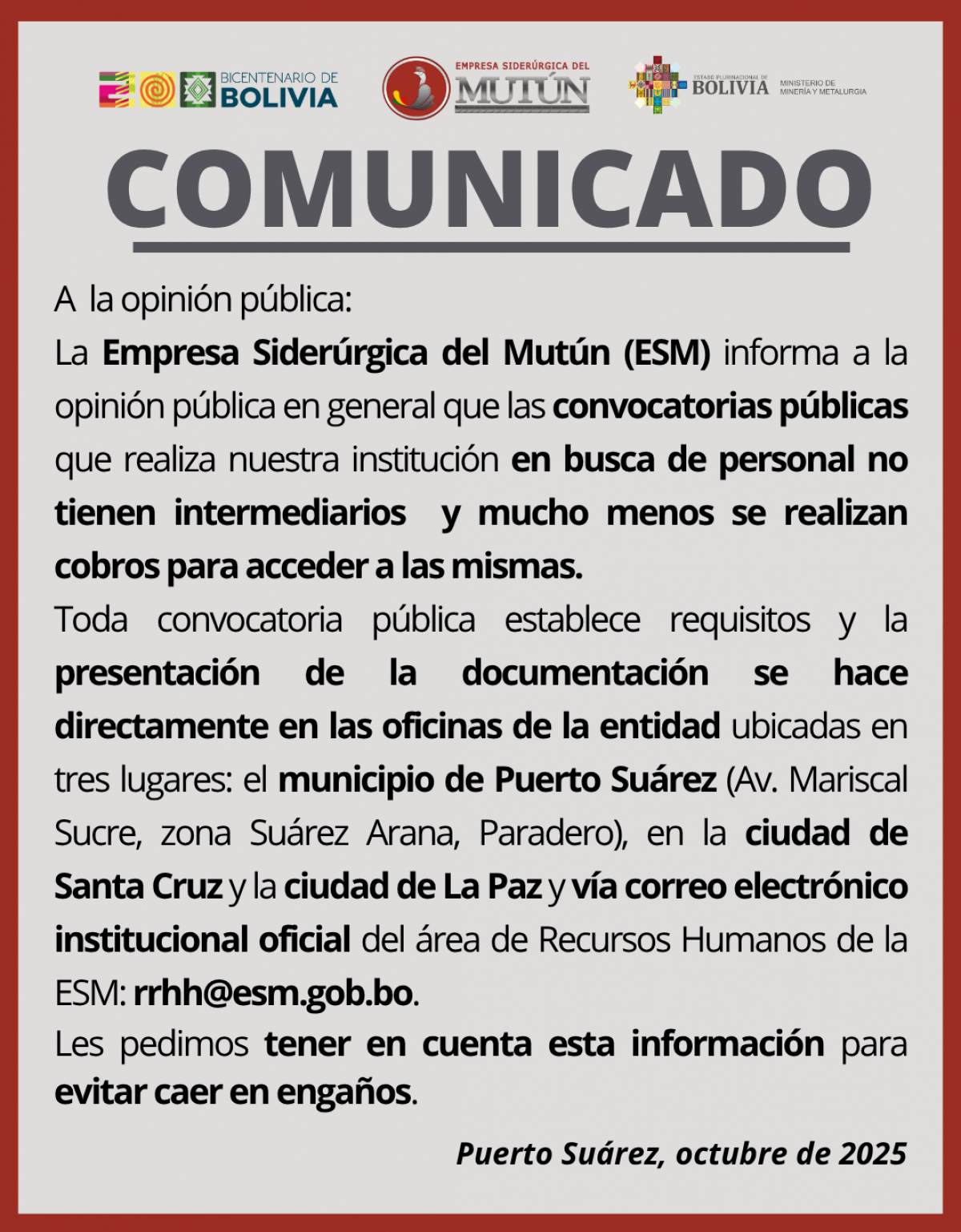 COMUNICADO A LA OPINIÓN PÚBLICA  - Empresa Siderúrgica del Mutún