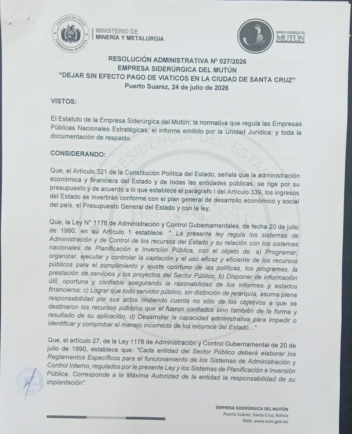 COMUNICADO OFICIAL  - Empresa Siderúrgica del Mutún