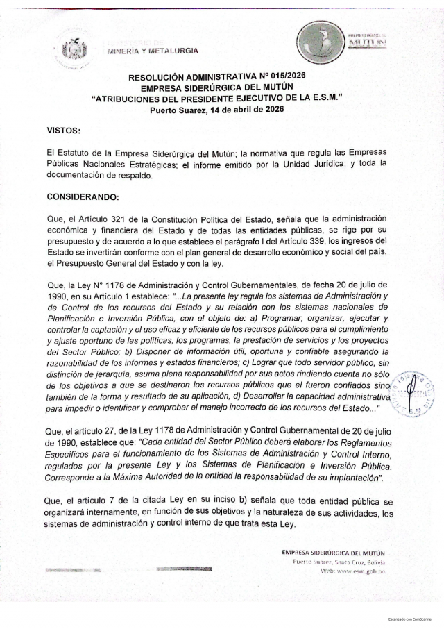 RESOLUCION ADMINISTRATIVA 015/2026  - Empresa Siderúrgica del Mutún