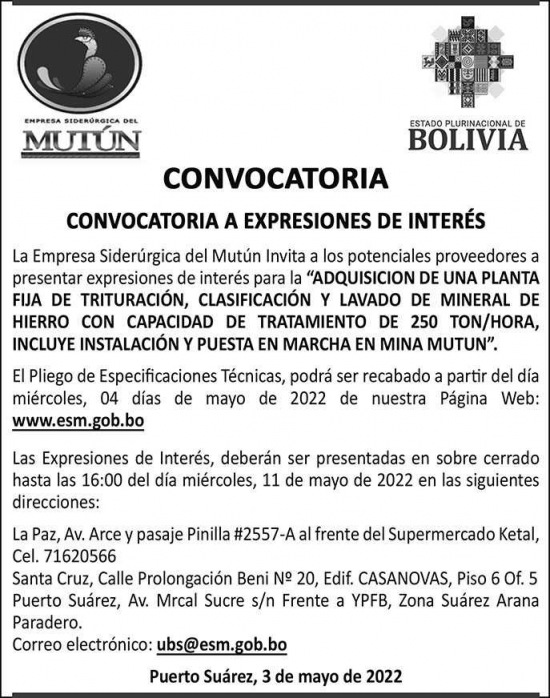 CONVOCATORIA  - Empresa Siderúrgica del Mutún