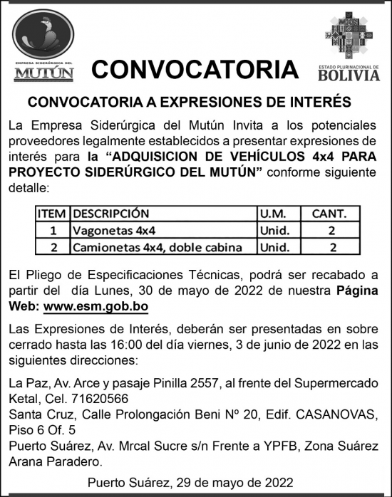 CONVOCATORIA DE AQUISICION DE VEHICULOS 4 X4  - Empresa Siderúrgica del Mutún