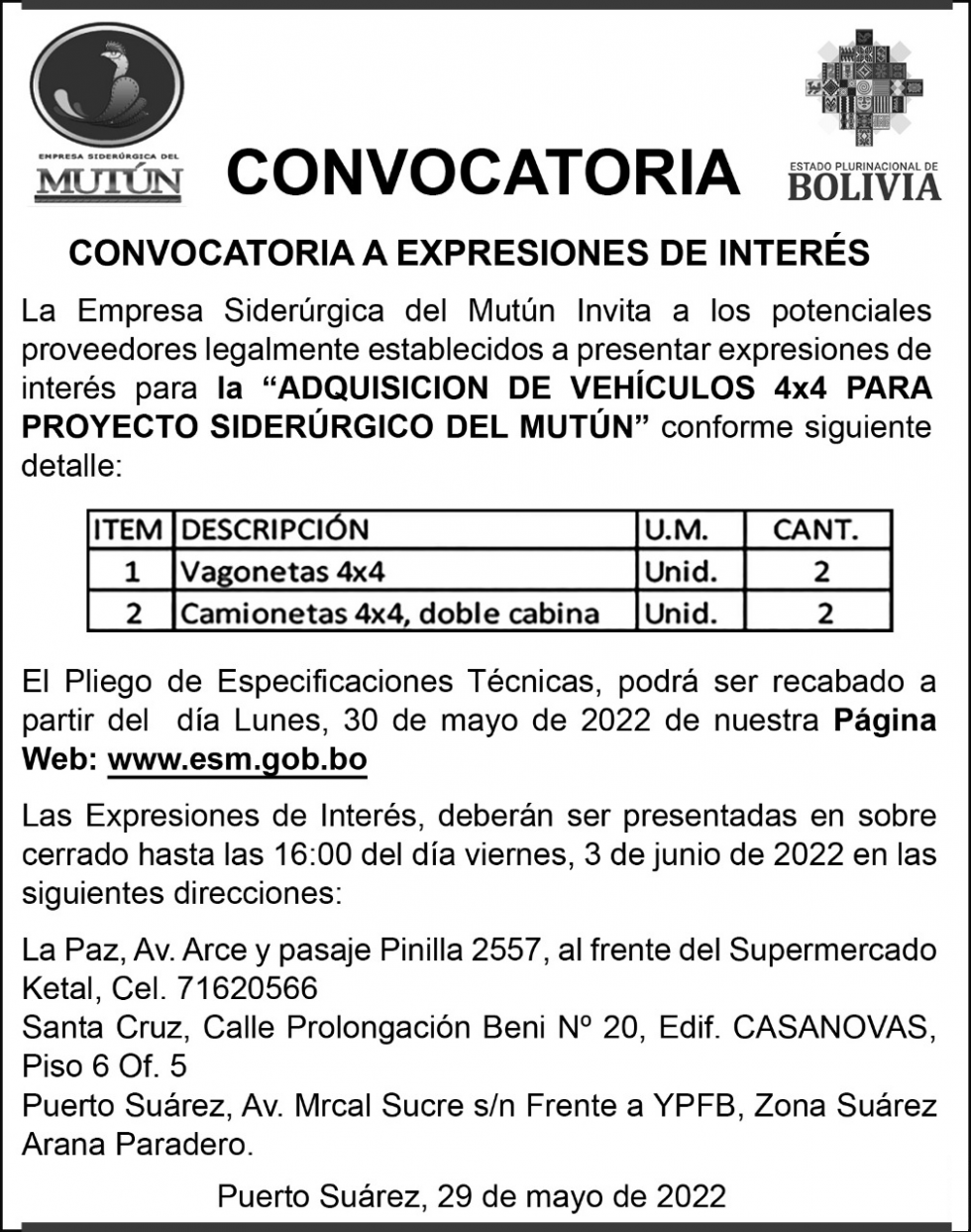CONVOCATORIA DE AQUISICION DE VEHICULOS 4 X4  - Empresa Siderúrgica del Mutún