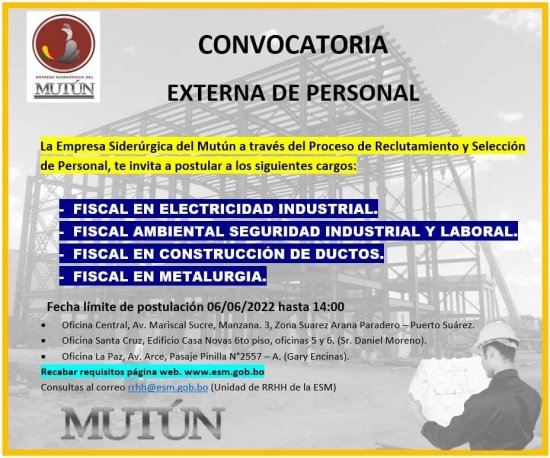 CONVOCATORIA PARA PERSONAL EXTERNO  - Empresa Siderúrgica del Mutún