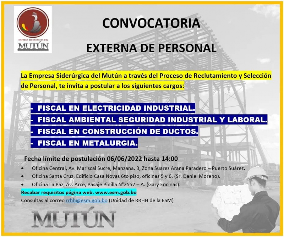 CONVOCATORIA PARA PERSONAL EXTERNO  - Empresa Siderúrgica del Mutún