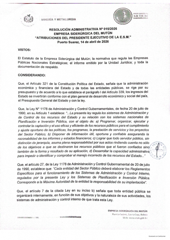 RESOLUCION ADMINISTRATIVA 015/2026